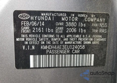 2014 Hyundai Elantra Se from USA, damaged, VIN KMHDH4AE3EU124058